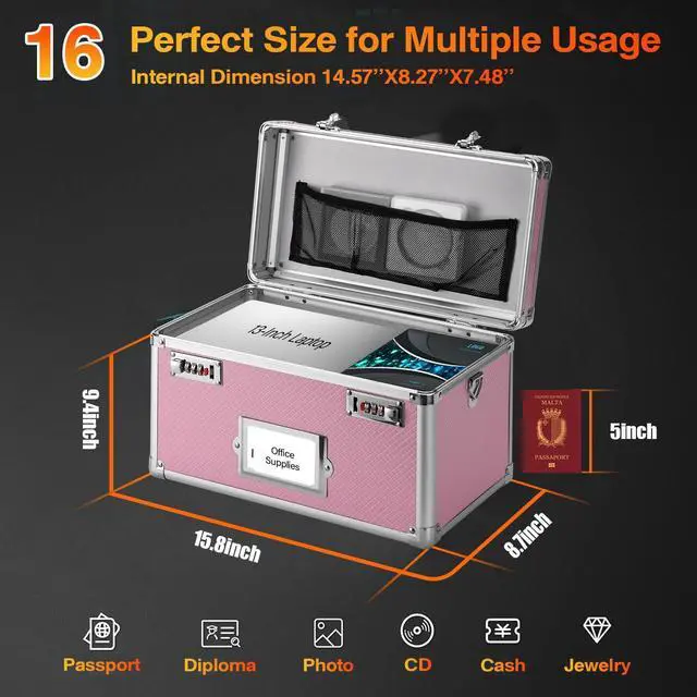 Alt view image 3 of 7 - 15 x 8.7 x 10 Inch Combo Lock Storage Box - Portable Safe for Valuables, Cash, Documents & Medicine | Heavy-Duty & Childproof | Home, Office, Travel Use (Pink)