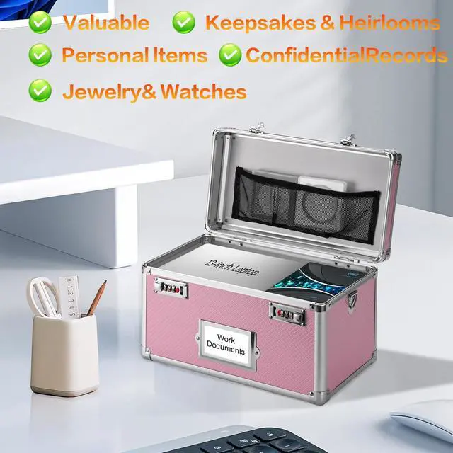 Alt view image 5 of 7 - 15 x 8.7 x 10 Inch Combo Lock Storage Box - Portable Safe for Valuables, Cash, Documents & Medicine | Heavy-Duty & Childproof | Home, Office, Travel Use (Pink)