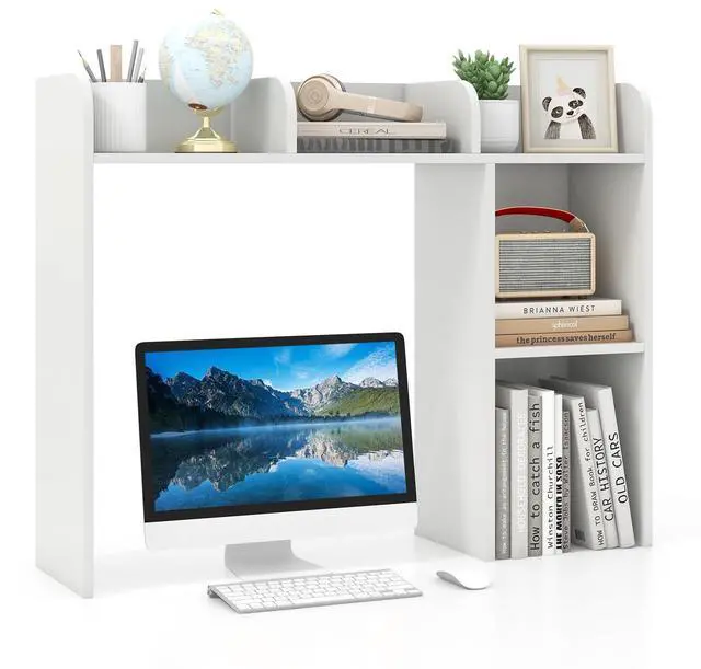 Main image of Desk Hutch, Countertop Storage Organizer with 5 Shelves, 3-Tier Display Rack for Computer Desk, Multipurpose Wood Hutch Organizer, Desktop Bookshelf for Dorm, Office, Home, White