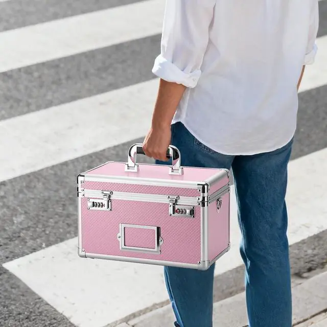 Alt view image 7 of 7 - 15 x 8.7 x 10 Inch Combo Lock Storage Box - Portable Safe for Valuables, Cash, Documents & Medicine | Heavy-Duty & Childproof | Home, Office, Travel Use (Pink)