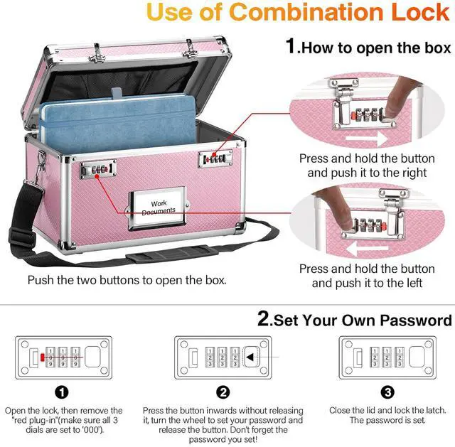 Alt view image 6 of 7 - 15 x 8.7 x 10 Inch Combo Lock Storage Box - Portable Safe for Valuables, Cash, Documents & Medicine | Heavy-Duty & Childproof | Home, Office, Travel Use (Pink)
