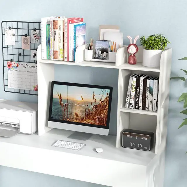 Alt view image 2 of 7 - Desk Hutch, Countertop Storage Organizer with 5 Shelves, 3-Tier Display Rack for Computer Desk, Multipurpose Wood Hutch Organizer, Desktop Bookshelf for Dorm, Office, Home, White