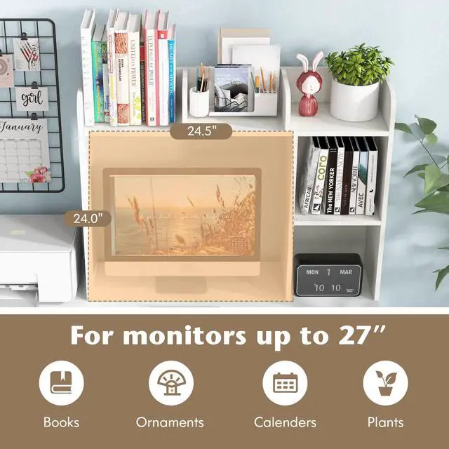 Alt view image 4 of 7 - Desk Hutch, Countertop Storage Organizer with 5 Shelves, 3-Tier Display Rack for Computer Desk, Multipurpose Wood Hutch Organizer, Desktop Bookshelf for Dorm, Office, Home, White