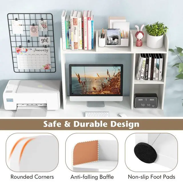 Alt view image 7 of 7 - Desk Hutch, Countertop Storage Organizer with 5 Shelves, 3-Tier Display Rack for Computer Desk, Multipurpose Wood Hutch Organizer, Desktop Bookshelf for Dorm, Office, Home, White