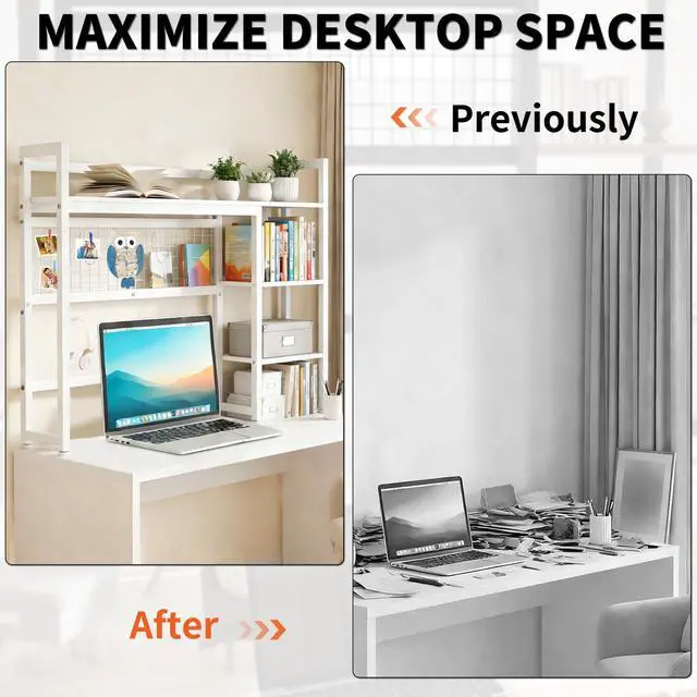 Alt view image 4 of 6 - Desktop Shelf, 38.5'' Desktop Organizer Shelf for Computer Monitor, 4 Tier Hutch Storage Rack for Home Office Dorm, White