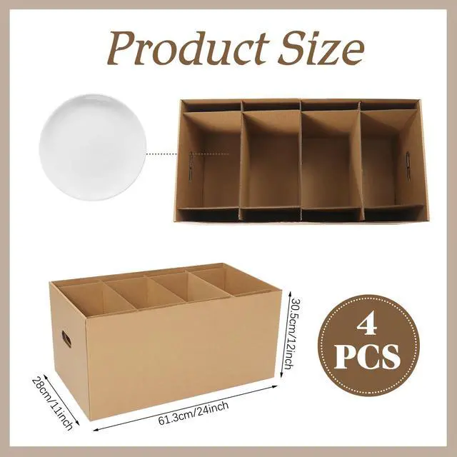 Alt view image 2 of 6 - 4 Pack Large Dish Packing Boxes for Moving with Divider 24 x 12 x 11 Inch Kitchen Moving Boxes with Reinforced Handle Lid Packing Supplies for Dishes and Glassware(Brown)