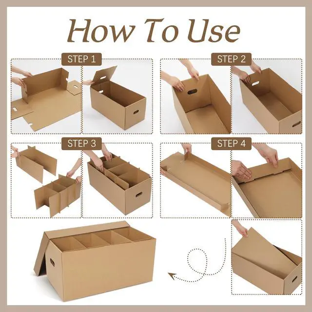 Alt view image 3 of 6 - 4 Pack Large Dish Packing Boxes for Moving with Divider 24 x 12 x 11 Inch Kitchen Moving Boxes with Reinforced Handle Lid Packing Supplies for Dishes and Glassware(Brown)