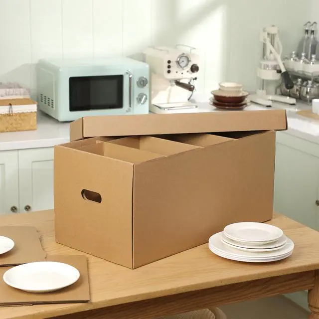 Alt view image 4 of 6 - 4 Pack Large Dish Packing Boxes for Moving with Divider 24 x 12 x 11 Inch Kitchen Moving Boxes with Reinforced Handle Lid Packing Supplies for Dishes and Glassware(Brown)