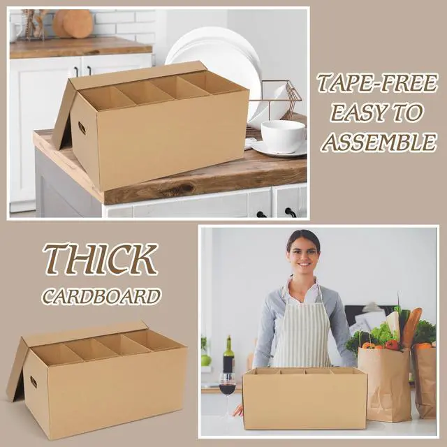 Alt view image 5 of 6 - 4 Pack Large Dish Packing Boxes for Moving with Divider 24 x 12 x 11 Inch Kitchen Moving Boxes with Reinforced Handle Lid Packing Supplies for Dishes and Glassware(Brown)
