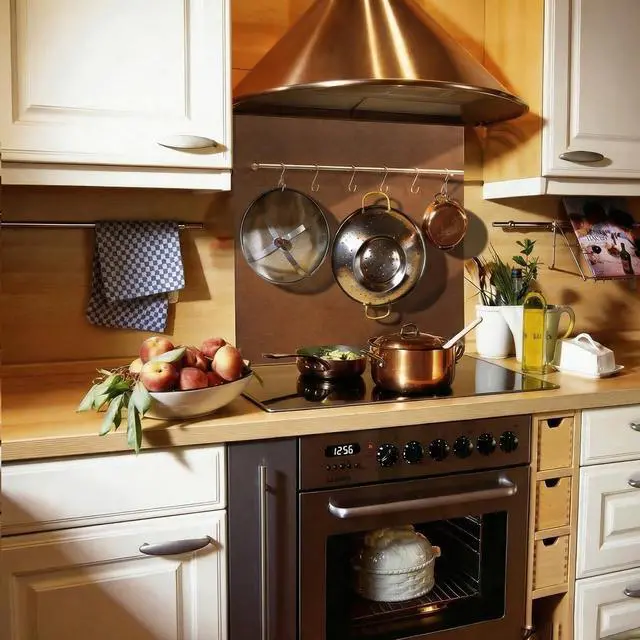 Alt view image 2 of 6 - 29.5x29.5 Aged Copper Finish 304 Stainless Steel Range Hood Backsplash with Solid Brass Rail & S Hooks,Stove Backsplash,Vintage Style,Kitchen Wall Splash Guard