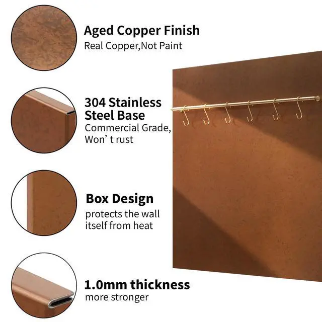 Alt view image 3 of 6 - 29.5x29.5 Aged Copper Finish 304 Stainless Steel Range Hood Backsplash with Solid Brass Rail & S Hooks,Stove Backsplash,Vintage Style,Kitchen Wall Splash Guard