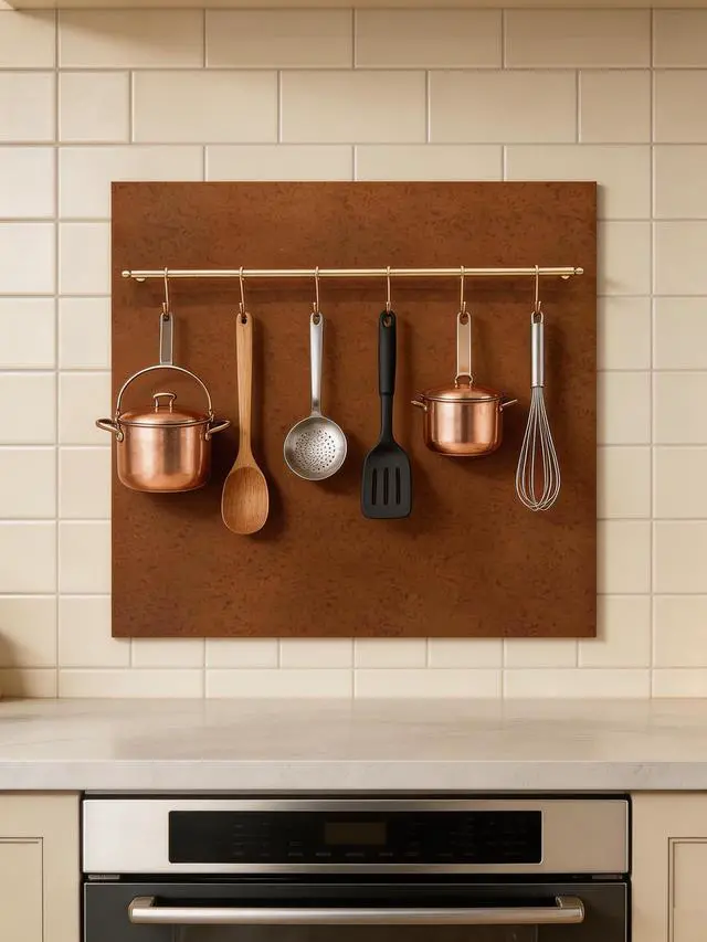 Alt view image 6 of 6 - 29.5x29.5 Aged Copper Finish 304 Stainless Steel Range Hood Backsplash with Solid Brass Rail & S Hooks,Stove Backsplash,Vintage Style,Kitchen Wall Splash Guard