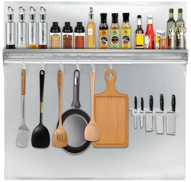 Main image of 30"x30" Stainless Steel Range Backsplash for Stove Hood, Wall Mount Panel with Storage Shelf & Knife Rack, Commercial Backsplash Shield, Pre-Drilled Holes for Easy Installation & Cleaning