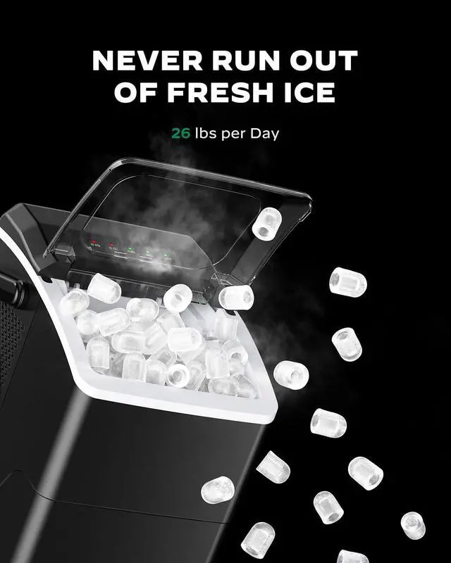 Alt view image 3 of 7 - Countertop Ice Maker Machine, 26 lbs per Day, Fast Ice in 6 Minutes, Self-Cleaning Ice Maker, Compact Countertop Ice Machine for Home, Kitchen/Office/Parties,Black