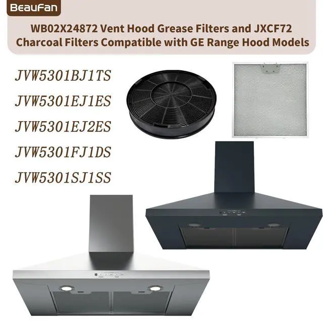 Alt view image 2 of 6 - 2 Pack WB02X24872 Range Vent Hood Grease Filter & 2 Pack JXCF72 WB02X24842 Charcoal Filter Compatible with GE Range Hoods JVW5301EJ1ES, JVW5301SJ1SS, JVW5301BJ1TS, JVW5301FJ1DS, JVW5301EJ2ES