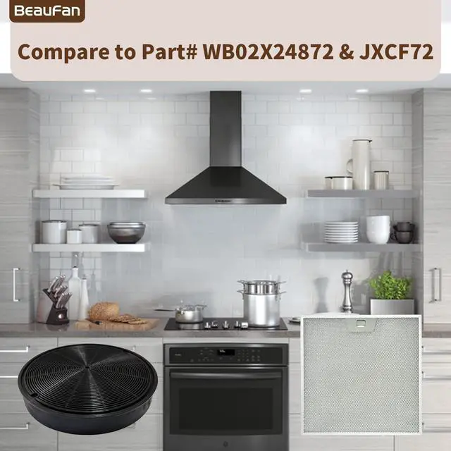 Alt view image 3 of 6 - 2 Pack WB02X24872 Range Vent Hood Grease Filter & 2 Pack JXCF72 WB02X24842 Charcoal Filter Compatible with GE Range Hoods JVW5301EJ1ES, JVW5301SJ1SS, JVW5301BJ1TS, JVW5301FJ1DS, JVW5301EJ2ES