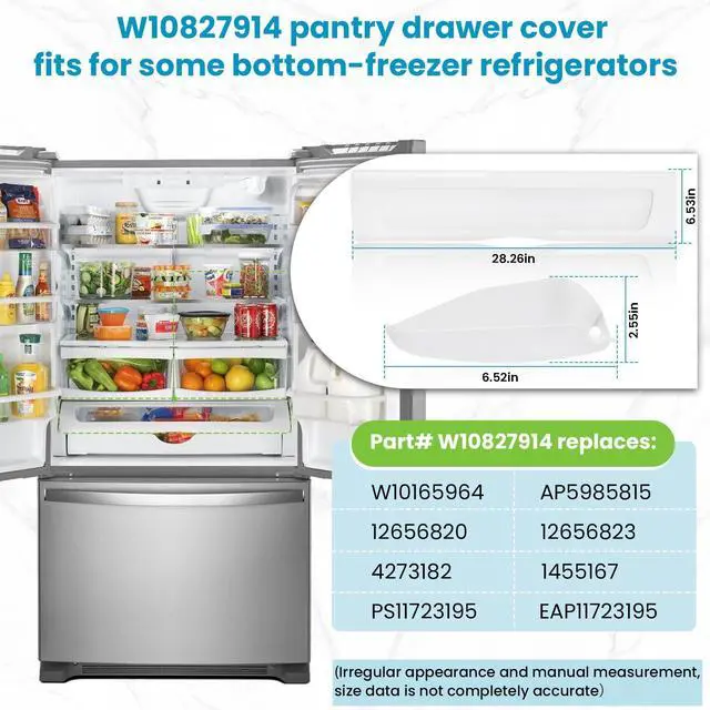 Alt view image 3 of 7 - Upgraded W10827914 W10165964 Pantry Drawer Door Cover | Fits Whirlpool Kenmore maytag Refrigerator, Replaces Parts 12656820 12656823 1455167 Refrigerator Drawer Front Lid Cover