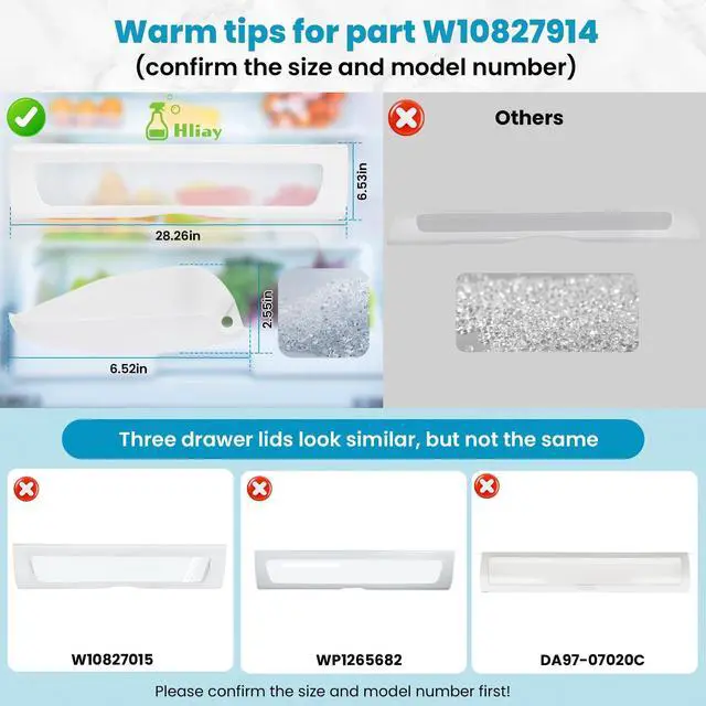 Alt view image 4 of 7 - Upgraded W10827914 W10165964 Pantry Drawer Door Cover | Fits Whirlpool Kenmore maytag Refrigerator, Replaces Parts 12656820 12656823 1455167 Refrigerator Drawer Front Lid Cover