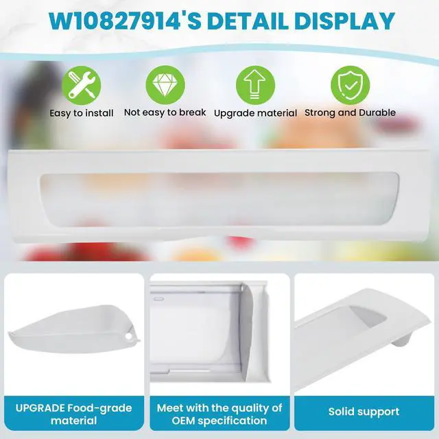 Alt view image 6 of 7 - Upgraded W10827914 W10165964 Pantry Drawer Door Cover | Fits Whirlpool Kenmore maytag Refrigerator, Replaces Parts 12656820 12656823 1455167 Refrigerator Drawer Front Lid Cover