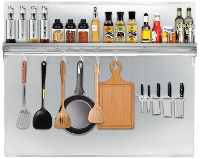 Main image of 36"x30" Stainless Steel Range Backsplash for Stove Hood, Wall Mount Kitchen Panel with Shelf & Knife Rack, Commercial Grade, Pre-Drilled Holes for Easy Installation & Cleaning