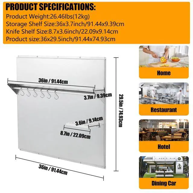 Alt view image 2 of 7 - 36"x30" Stainless Steel Range Backsplash for Stove Hood, Wall Mount Kitchen Panel with Shelf & Knife Rack, Commercial Grade, Pre-Drilled Holes for Easy Installation & Cleaning