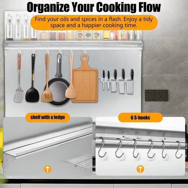 Alt view image 4 of 7 - 36"x30" Stainless Steel Range Backsplash for Stove Hood, Wall Mount Kitchen Panel with Shelf & Knife Rack, Commercial Grade, Pre-Drilled Holes for Easy Installation & Cleaning
