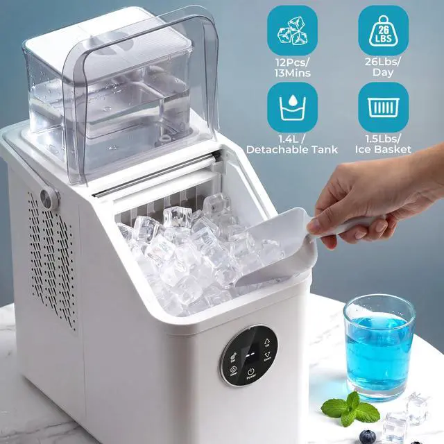 Alt view image 2 of 7 - Countertop Ice Cube Maker, 12Pcs Ready in 13 Mins, 26Lbs/Day, Adjust Ice Thickness, 24H-Timer, Portable Self-Cleaning Compact Ice Machine with Handle