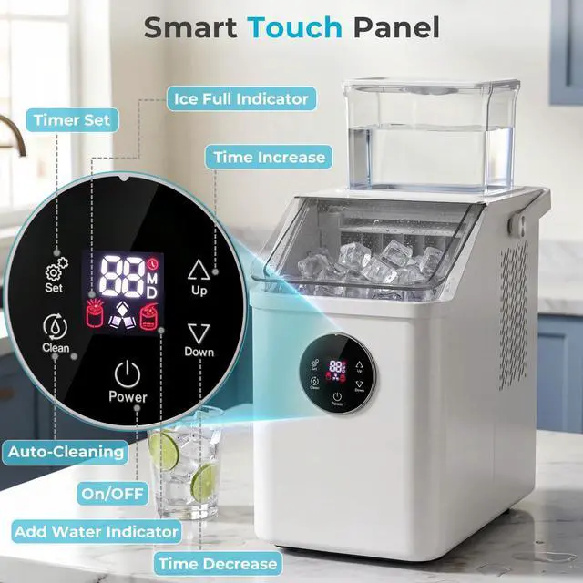 Alt view image 5 of 7 - Countertop Ice Cube Maker, 12Pcs Ready in 13 Mins, 26Lbs/Day, Adjust Ice Thickness, 24H-Timer, Portable Self-Cleaning Compact Ice Machine with Handle