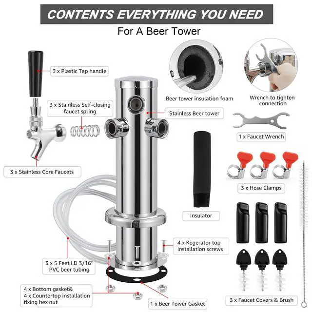 Alt view image 2 of 7 - 3 Taps Beer Tower Dispenser Kegerator Tower, 3" Beer Keg Tap Keg Tower Kegerator Tap Tower Kegerator Parts Kit, Stainless Steel Tower Brass Faucet Stainless Core Pre-assembled Lines
