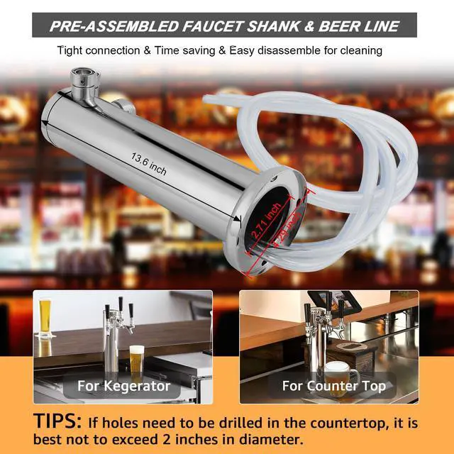 Alt view image 4 of 7 - 3 Taps Beer Tower Dispenser Kegerator Tower, 3" Beer Keg Tap Keg Tower Kegerator Tap Tower Kegerator Parts Kit, Stainless Steel Tower Brass Faucet Stainless Core Pre-assembled Lines