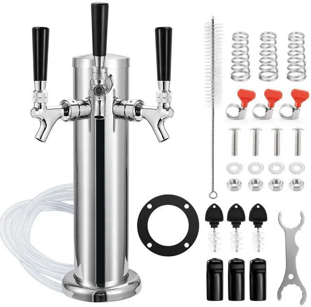 Main image of 3 Taps Beer Tower Dispenser Kegerator Tower, 3" Beer Keg Tap Keg Tower Kegerator Tap Tower Kegerator Parts Kit, Stainless Steel Tower Brass Faucet Stainless Core Pre-assembled Lines
