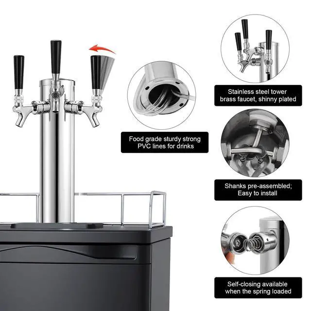 Alt view image 5 of 7 - 3 Taps Beer Tower Dispenser Kegerator Tower, 3" Beer Keg Tap Keg Tower Kegerator Tap Tower Kegerator Parts Kit, Stainless Steel Tower Brass Faucet Stainless Core Pre-assembled Lines