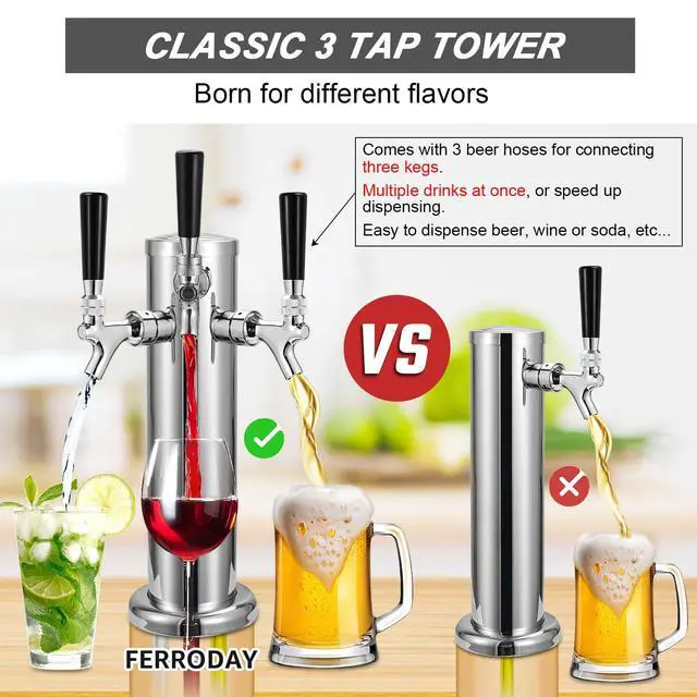 Alt view image 3 of 7 - 3 Taps Beer Tower Dispenser Kegerator Tower, 3" Beer Keg Tap Keg Tower Kegerator Tap Tower Kegerator Parts Kit, Stainless Steel Tower Brass Faucet Stainless Core Pre-assembled Lines