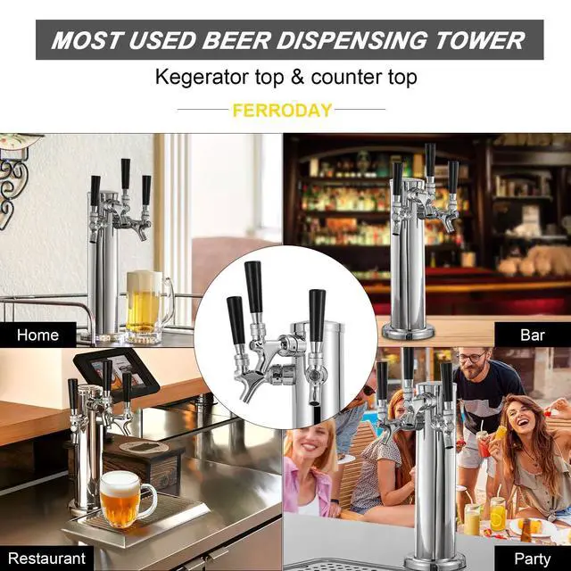 Alt view image 7 of 7 - 3 Taps Beer Tower Dispenser Kegerator Tower, 3" Beer Keg Tap Keg Tower Kegerator Tap Tower Kegerator Parts Kit, Stainless Steel Tower Brass Faucet Stainless Core Pre-assembled Lines