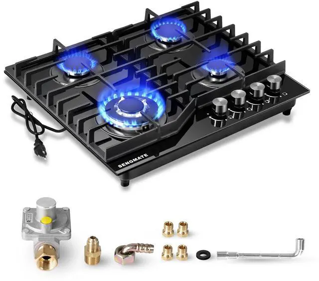 Main image of 24 Inch Gas Cooktop, 4 Burner Gas Stove Top, Built-In or Countertop Design, Black Tempered Glass, NG/LPG Convertible, Flame Failure Protection, Ideal for Home Kitchens, RVs & Compact Spaces