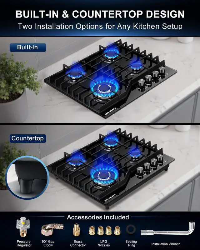 Alt view image 2 of 7 - 24 Inch Gas Cooktop, 4 Burner Gas Stove Top, Built-In or Countertop Design, Black Tempered Glass, NG/LPG Convertible, Flame Failure Protection, Ideal for Home Kitchens, RVs & Compact Spaces