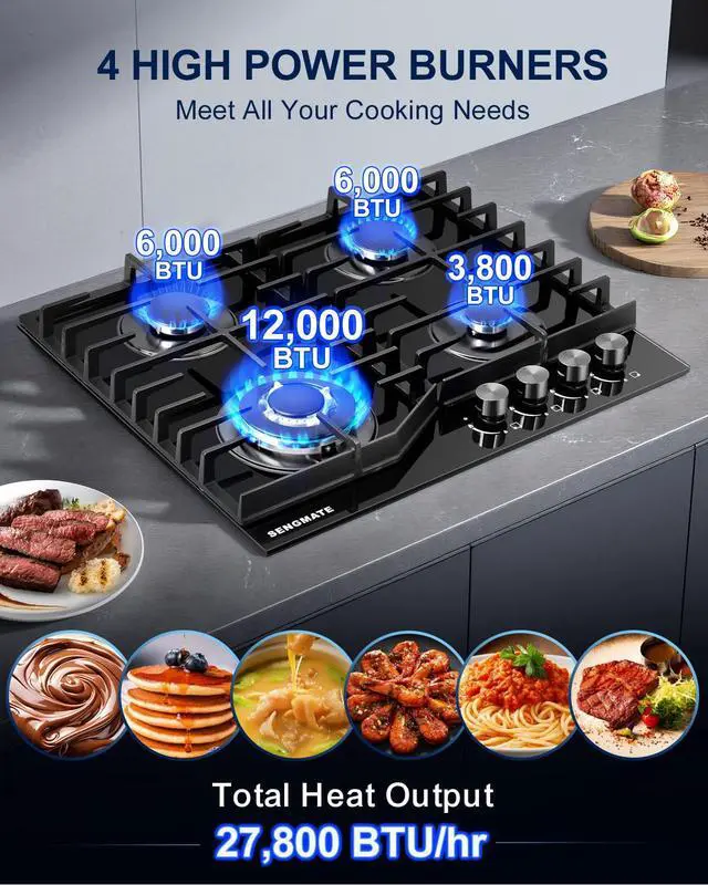 Alt view image 3 of 7 - 24 Inch Gas Cooktop, 4 Burner Gas Stove Top, Built-In or Countertop Design, Black Tempered Glass, NG/LPG Convertible, Flame Failure Protection, Ideal for Home Kitchens, RVs & Compact Spaces