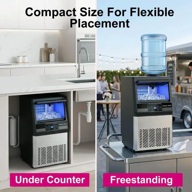 Alt view image 4 of 7 - Commercial Ice Maker Machine 80Lbs/24H Dual Water Inlet Silver | 20Lbs Storage Bin, Freestanding, 36 Ice Cubes/Cycle, Adjustable Ice Thickness, Self-Cleaning, for Home, Bar, Coffee Shop