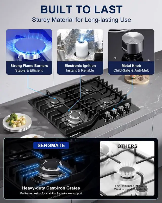 Alt view image 5 of 7 - 24 Inch Gas Cooktop, 4 Burner Gas Stove Top, Built-In or Countertop Design, Black Tempered Glass, NG/LPG Convertible, Flame Failure Protection, Ideal for Home Kitchens, RVs & Compact Spaces