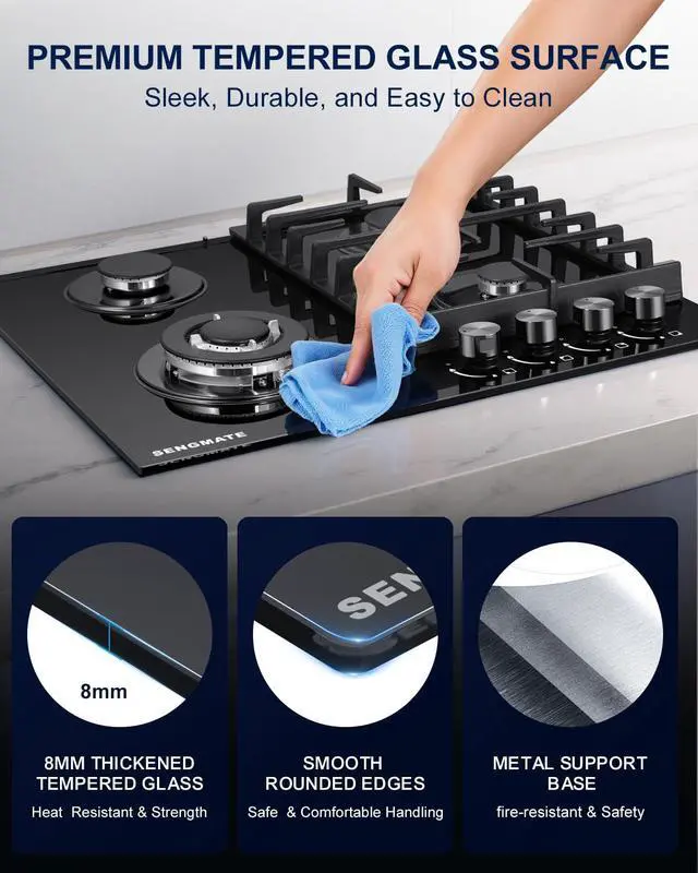 Alt view image 6 of 7 - 24 Inch Gas Cooktop, 4 Burner Gas Stove Top, Built-In or Countertop Design, Black Tempered Glass, NG/LPG Convertible, Flame Failure Protection, Ideal for Home Kitchens, RVs & Compact Spaces