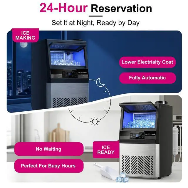 Alt view image 6 of 7 - Commercial Ice Maker Machine 80Lbs/24H Dual Water Inlet Silver | 20Lbs Storage Bin, Freestanding, 36 Ice Cubes/Cycle, Adjustable Ice Thickness, Self-Cleaning, for Home, Bar, Coffee Shop