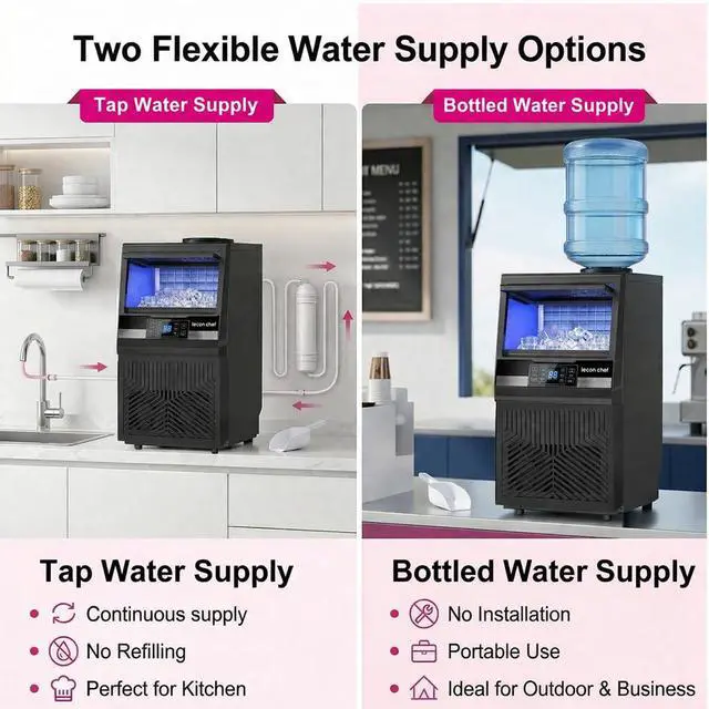 Alt view image 2 of 7 - Commercial Ice Maker Machine 80Lbs/24H Dual Water Inlet Black | 20Lbs Storage Bin, Freestanding, 36 Ice Cubes/Cycle, Adjustable Ice Thickness, Self-Cleaning, for Home, Bar, Coffee Shop