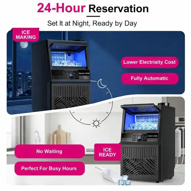 Alt view image 6 of 7 - Commercial Ice Maker Machine 80Lbs/24H Dual Water Inlet Black | 20Lbs Storage Bin, Freestanding, 36 Ice Cubes/Cycle, Adjustable Ice Thickness, Self-Cleaning, for Home, Bar, Coffee Shop