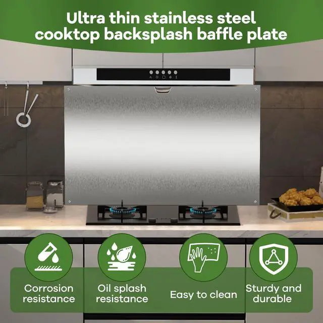 Alt view image 3 of 7 - 2-Pack Ultra-Thin Stainless Steel Backsplash Panels, 24" x 30" Each | Flush Mount Splatter Guard for Stove and Range Hood, Easy Install with Pre-Drilled Holes & Screws
