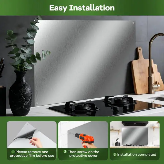 Alt view image 4 of 7 - 2-Pack Ultra-Thin Stainless Steel Backsplash Panels, 24" x 30" Each | Flush Mount Splatter Guard for Stove and Range Hood, Easy Install with Pre-Drilled Holes & Screws