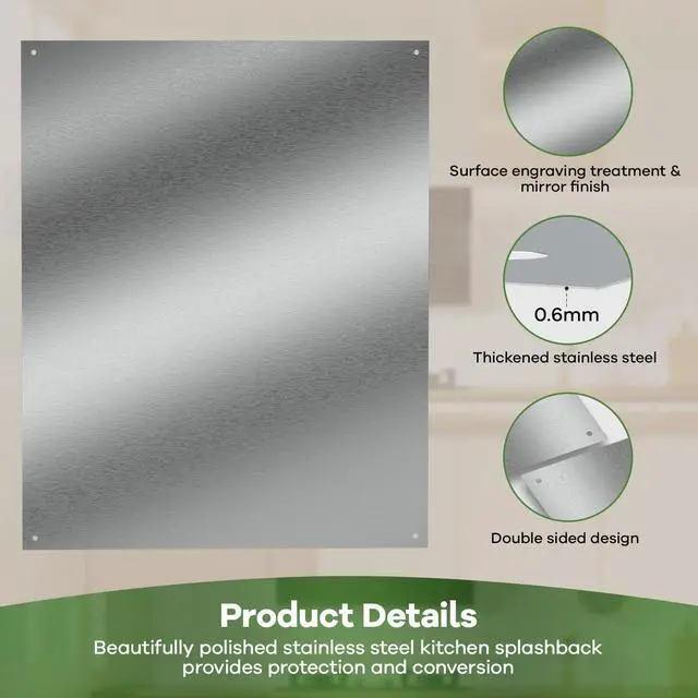 Alt view image 6 of 7 - 2-Pack Ultra-Thin Stainless Steel Backsplash Panels, 24" x 30" Each | Flush Mount Splatter Guard for Stove and Range Hood, Easy Install with Pre-Drilled Holes & Screws
