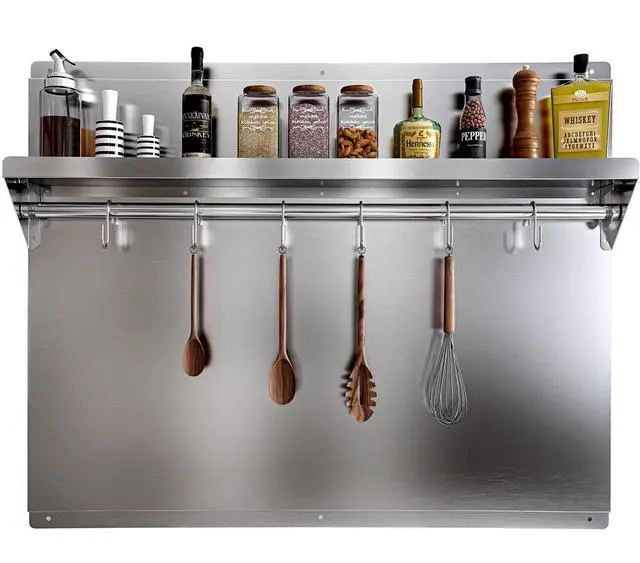 Main image of 24 x 30 In Stainless Steel Backsplash - Kitchen Wall Splash Guard Behind Stove with Storage Shelf and Hanging Rack, Easy Clean and Installation