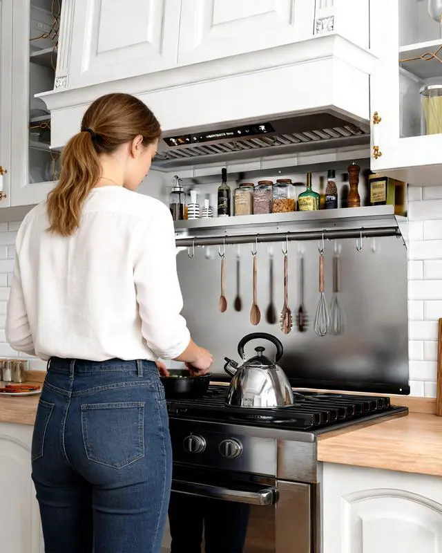 Alt view image 2 of 7 - 24 x 30 In Stainless Steel Backsplash - Kitchen Wall Splash Guard Behind Stove with Storage Shelf and Hanging Rack, Easy Clean and Installation
