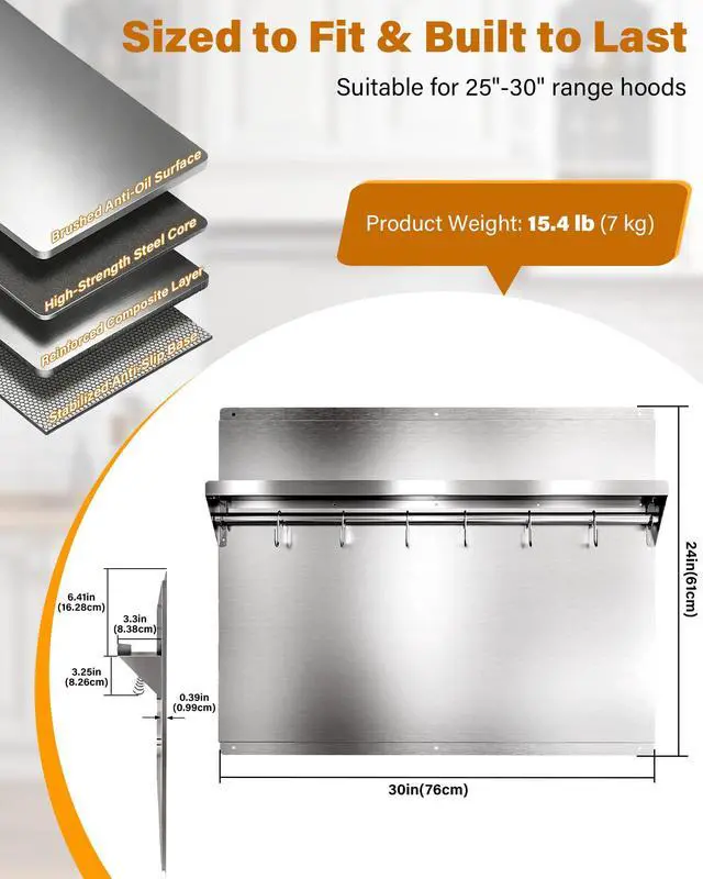Alt view image 3 of 7 - 24 x 30 In Stainless Steel Backsplash - Kitchen Wall Splash Guard Behind Stove with Storage Shelf and Hanging Rack, Easy Clean and Installation