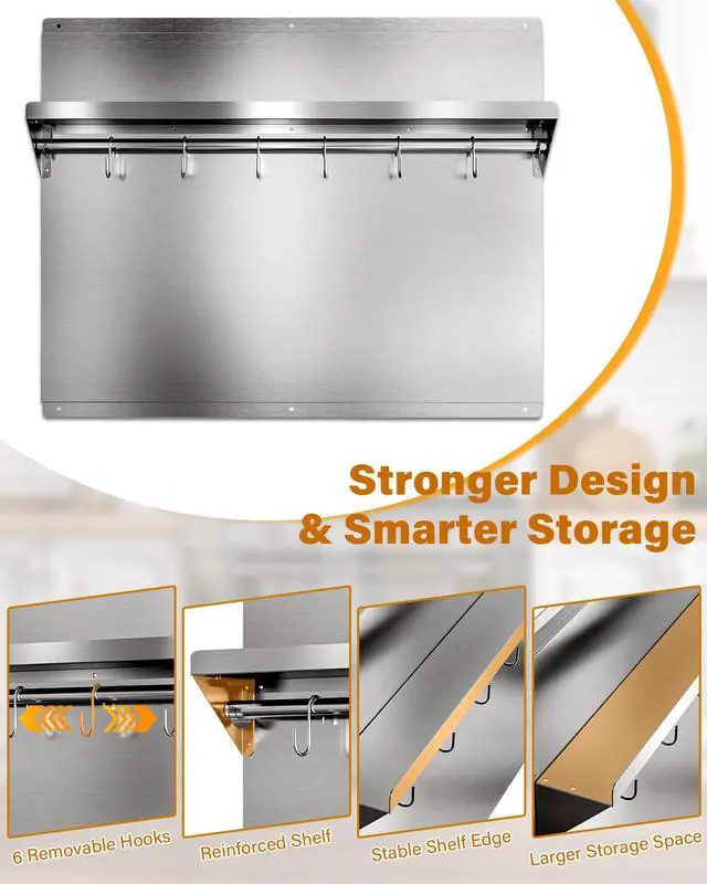 Alt view image 4 of 7 - 24 x 30 In Stainless Steel Backsplash - Kitchen Wall Splash Guard Behind Stove with Storage Shelf and Hanging Rack, Easy Clean and Installation